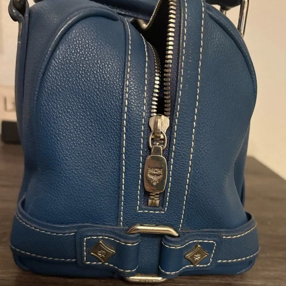 MCM Blue Leather Boston Bag with Silver Accents - Picture 6 of 13